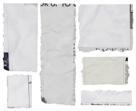 A variety of newspaper tears on white with drop shadows and clipping paths.