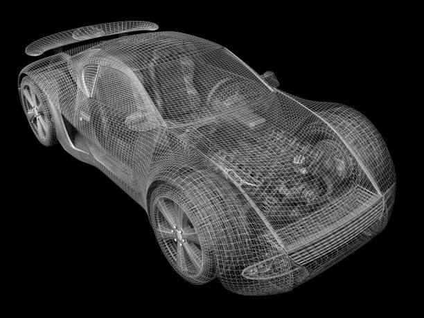 A wireframe view of a custom sports car. The car is my original design. 3D wireframe render with HDRI lighting.