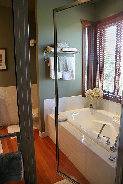 istock Luxury Bathroom Through A Glass Shower Door 157294749