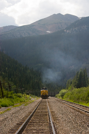 Coal train steaming out of the Rocky Mountains