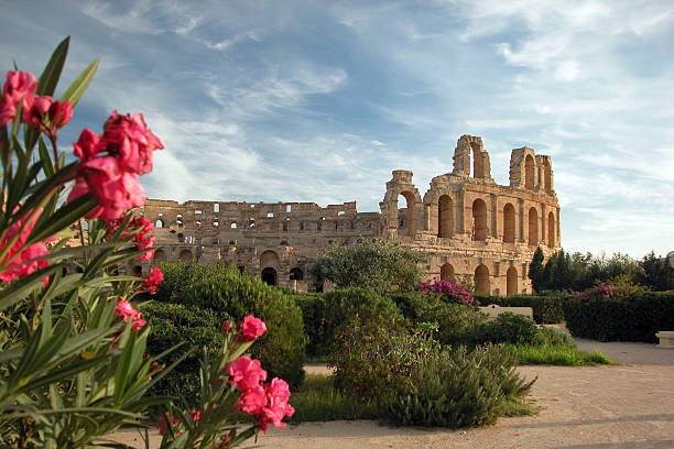 эль-джем coliseum, тунис - ancient column past arch стоковые фото и изображения