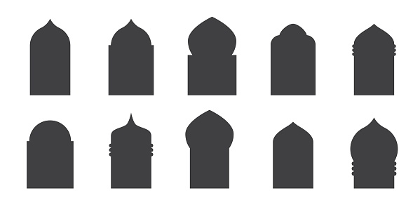 Islamic shape of door arches. Set of oriental style arabic doors or windows. Design element for Ramadan kareem, islamic design, label, banner. Arabian shape arch. Vector flat illustration