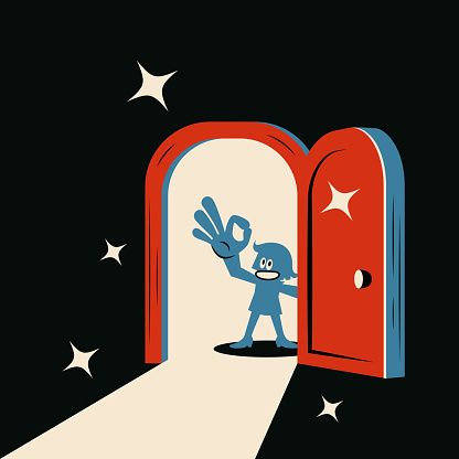 Blue Cartoon Characters Design Vector Art Illustration.
A smiling woman opens the door and raises her hand to give an OK gesture, and light shines into the dark room.