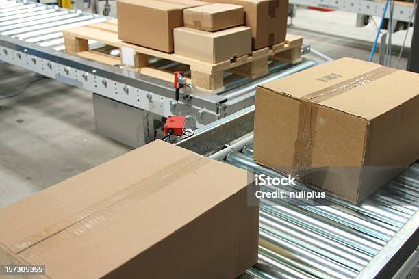 Boxes On Conveyor Belt Stock Photo - Download Image Now - Box - Container, Conveyor Belt, Cardboard Box