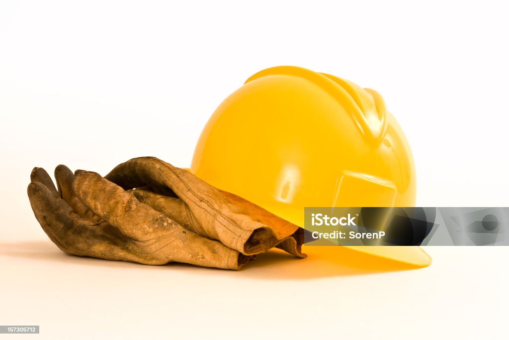 Capacete e luvas de trabalho - Foto de stock de Amarelo royalty-free