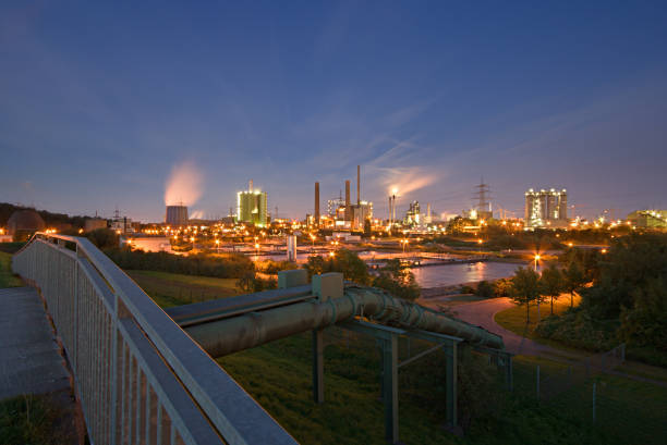 installations (of the steel industry) are light up with different colours of light at nighttime