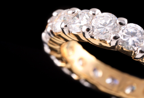 Macro shot of a diamond eternity/anniversary ring.