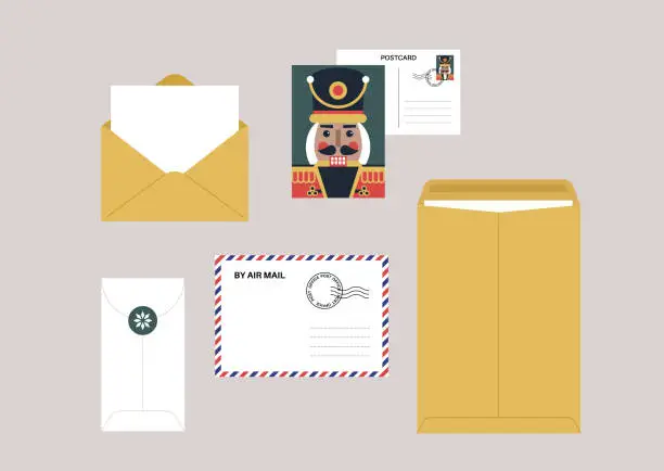 Vector illustration of A collection of paper correspondence format, envelopes, stamps, postcard, blank paper, Christmas theme