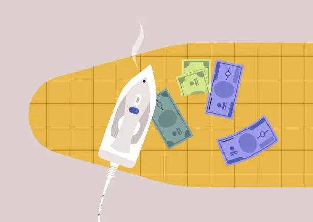 Vector illustration of A money laundry concept, ironing banknotes with an iron