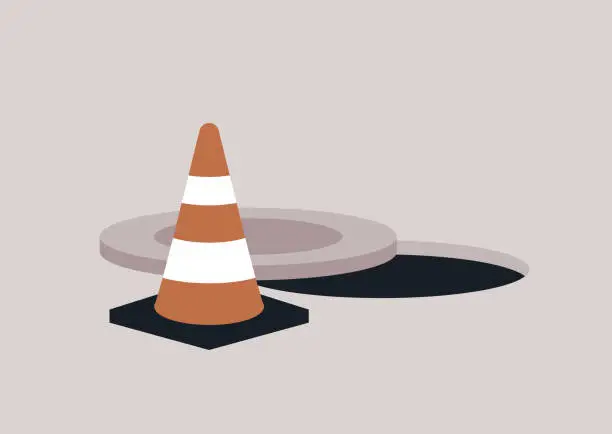Vector illustration of An open sewer hatch indicated with a traffic orange cone, maintenance works
