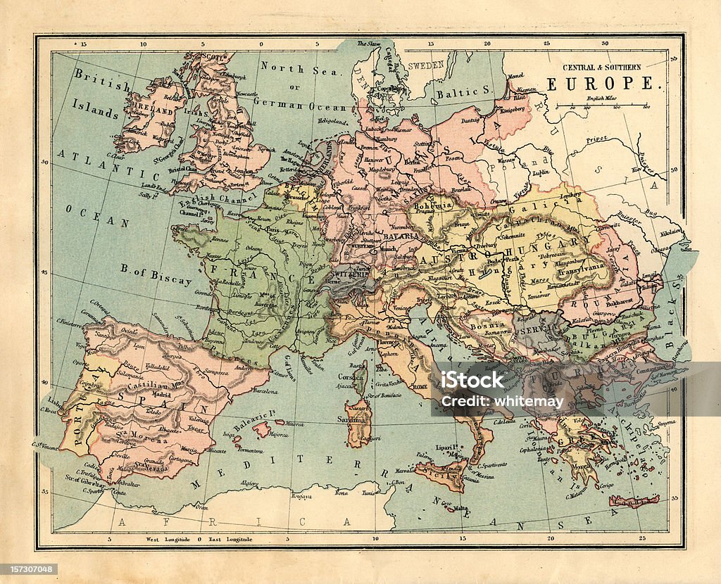 Mid-Victorian map of Central and Southern Europe  Map Stock Photo