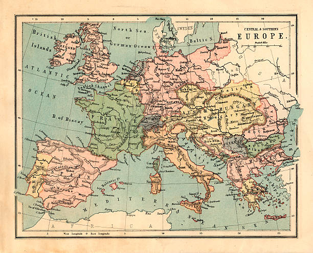 Mid-Victorian map of Central and Southern Europe  eastern europe stock pictures, royalty-free photos & images