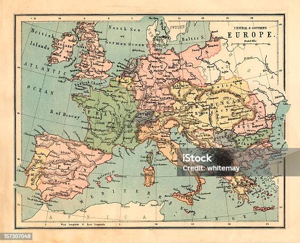 Midvictorian Map Of Central And Southern Europe Stock Photo - Download Image Now - Map, Europe, Old-fashioned