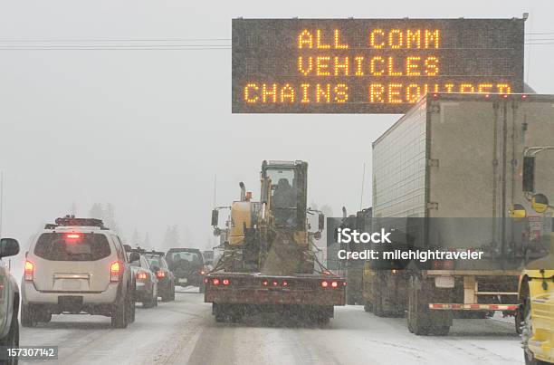 Truck Traffic On I70 Highway With Blizzard Snow Chains Required Stock Photo - Download Image Now
