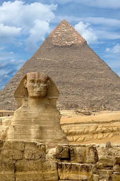 Great Sphinx of Giza against the Great Pyramid, Giza, Egypt