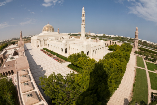 Fisheye view from the top of a minaret on Sultan Qaboos Grand Mosque in Muscat, Oman .