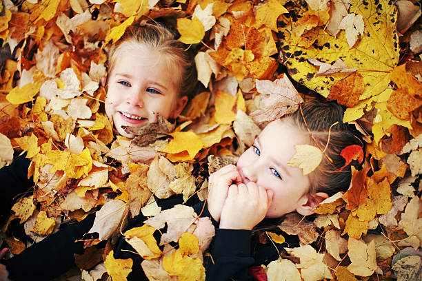 istock Young Sisters Laying in Fall Leaves Pile 157307508