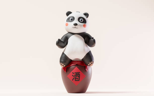 istock Cartoon panda and wine jar, 3d rendering. Translating on jar: wine. 1573075709