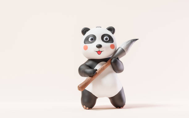istock Cartoon panda and Chinese retro ink brush, 3d rendering. 1573075710