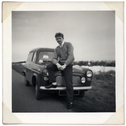 High res scan of an vintage portrait of man and his van