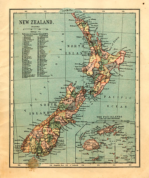 mid-vittoriano mappa della nuova zelanda e isole figi - cook strait foto e immagini stock