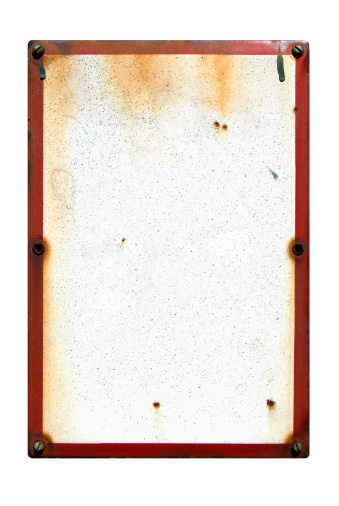 Cartel en blanco con cinta roja de metal y tornillos photo