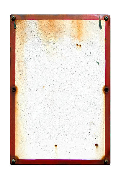 cartel en blanco con cinta roja de metal y tornillos - rusty fotografías e imágenes de stock