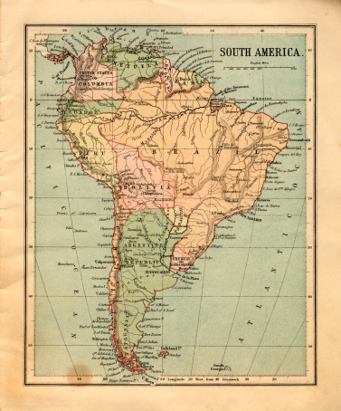 Color image of an old color map of South America, from the 1800's.