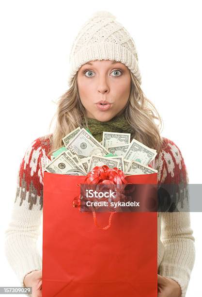 Christmas Shopper Money Surprise Stock Photo - Download Image Now - Christmas, Currency, Paper Currency