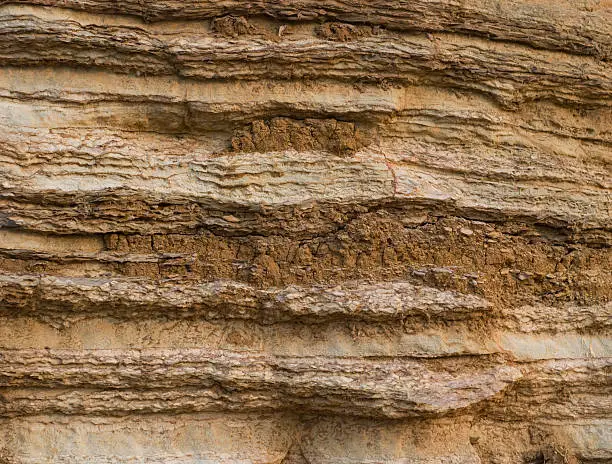 Close up of horizontal layers of rock, with some soil clinging to the rock.