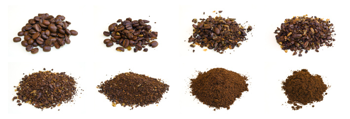 Composite photo of arabica coffee beans at various stages of grinding