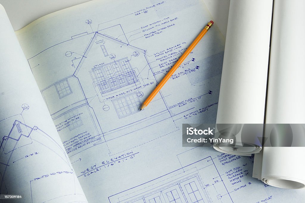 Casa residencial Blueprint plano para o novo lar e construção - Foto de stock de Aprimoramento royalty-free