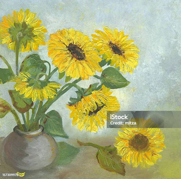 Ilustración de Aceite Pintado Sunflowers Arreglo y más Vectores Libres de Derechos de Flor - Flor, Jarrón, Girasol