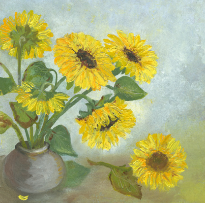 Sunflowers arrangement  in a ceramic vase on light blue background, oil painted and scanned. 