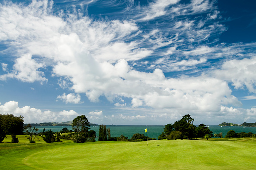 A golf green in the Bay of Islands, in the North of New Zealand.