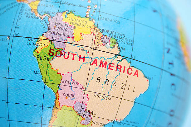 South America Closeup view of northern part of Southamerican section of cheap plastic globe south amerika stock pictures, royalty-free photos & images