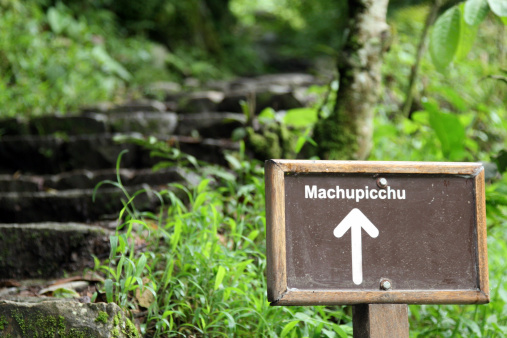 DSLR picture of a brown sign with a white arrow showing the Machu Picchu Inca trail. There is grass, a tropical forest and stairs in the background.