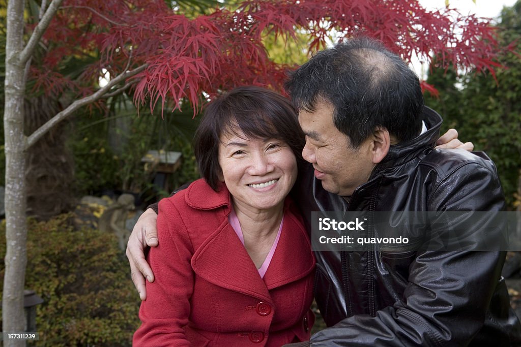 Asian Adult Couple Embracing Outdoors, Copy Space  Vietnamese Ethnicity Stock Photo