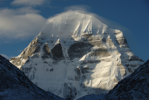 Beautiful view of the Himalayan mountains covered with snow, Sagarmatha National Park, Nepal. Mountain ridge on the background of deep blue sky.