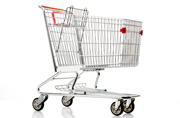 Shopping cart with red details on a white background Shopping cart on white trolley stock pictures, royalty-free photos & images