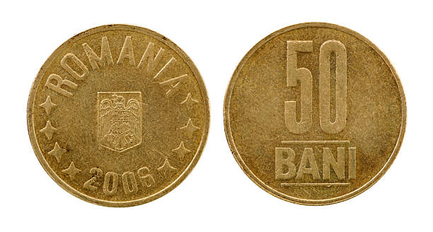 istock Used Romania 50 Bani coin from 2006, isolated (both sides) 157311473
