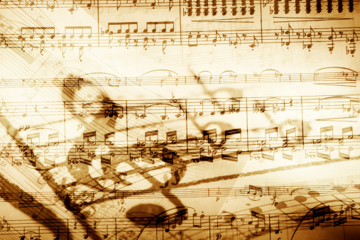 Sheet of paper with music notes as background, closeup view