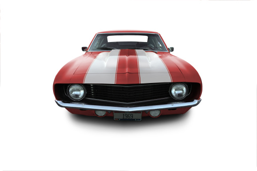 Front shot of a classic 1969 Muscle Car.  The vehicle has an outline path. 