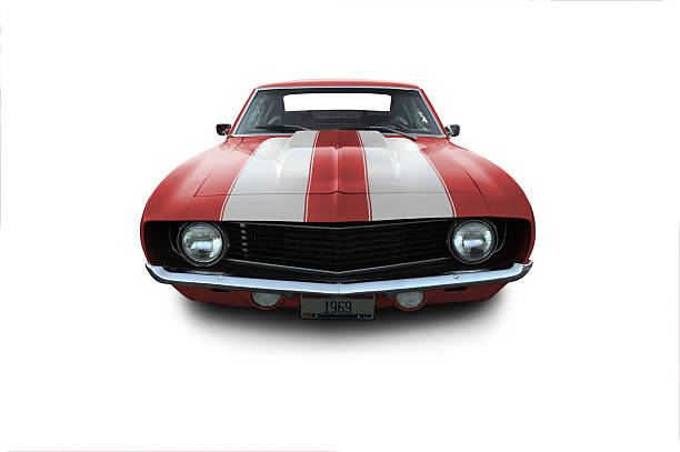Red 1969 Camaro Muscle Car Front shot of a classic 1969 Muscle Car.  The vehicle has an outline path.  stock car photos stock pictures, royalty-free photos & images
