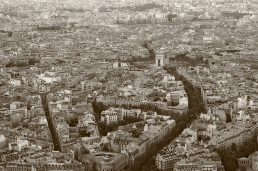 City scene of Paris with the Eiffel Tower and the Seine river. High angle view of the skyline.