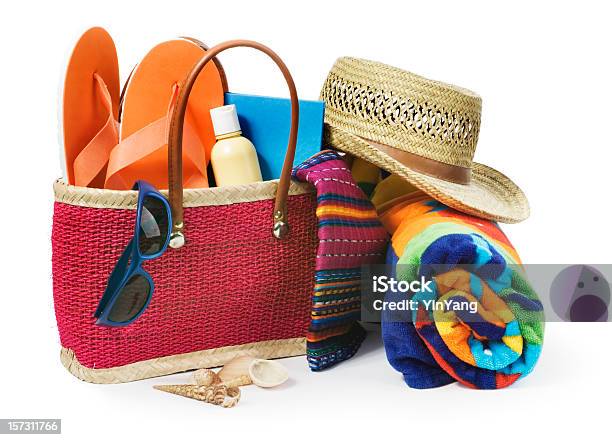 Summer Vacation Beach Bag With Supplies Isolated On White Background Stock Photo - Download Image Now