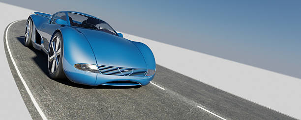 Sleek blue sports car alone road blue sky background front