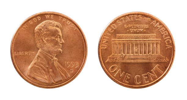 istock Single used 1993 US penny on white (both sides) 157311850