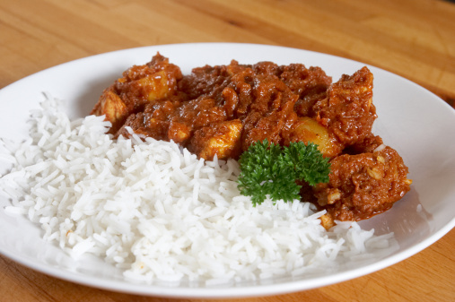 Chicken curry and boiled rice