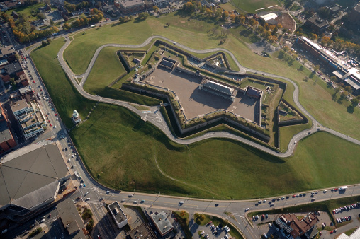Citadel Hill in Halifax is a fortress and a national historic site.  Aerial view showing the star shape of the walls, grass and some of the downtown city.